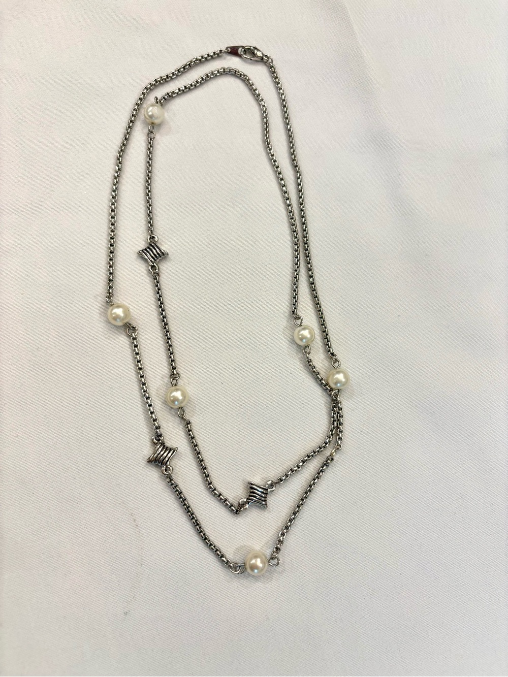 Classic Long Silver and Pearl Station Necklace